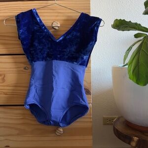 Elegant blue velvet top cap sleeve leotard - petite